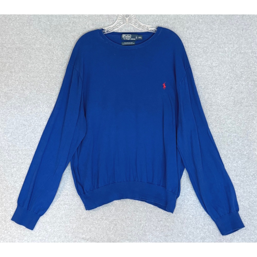 Polo Ralph Lauren Sweater Mens XXL Blue Pima Cotton Crewneck Red Pony Logo